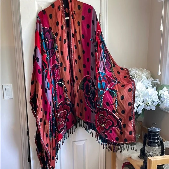 Baba Red and Black Polka Dot REVERSIBLE India Ethnic Shawl Cape Scarf Wrap - Picture 3 of 13